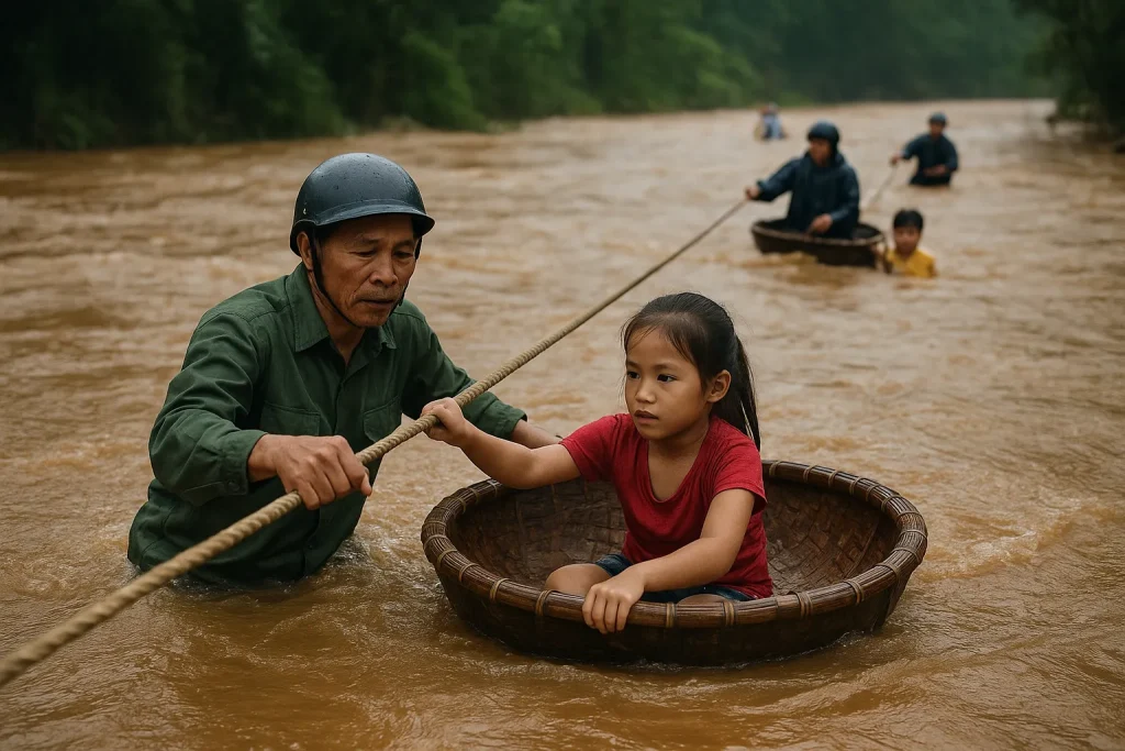 Người dân bám dây, ngồi thúng thoát khỏi lũ xiết – Hình ảnh cảm động và bài học sinh tồn