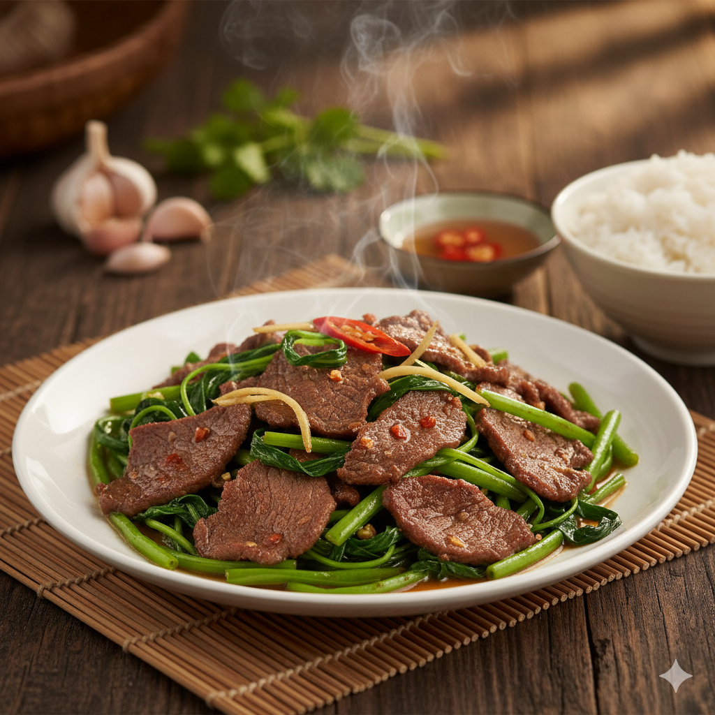 Thịt trâu xào rau muống – Món ăn dân dã đậm đà hương vị quê hương