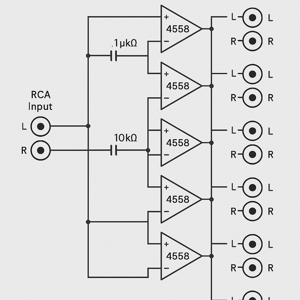 Mạch chia RCA Stereo 1 vào 8 ra dùng IC 4558 – Giải pháp tối ưu cho hệ thống âm thanh đa thiết bị